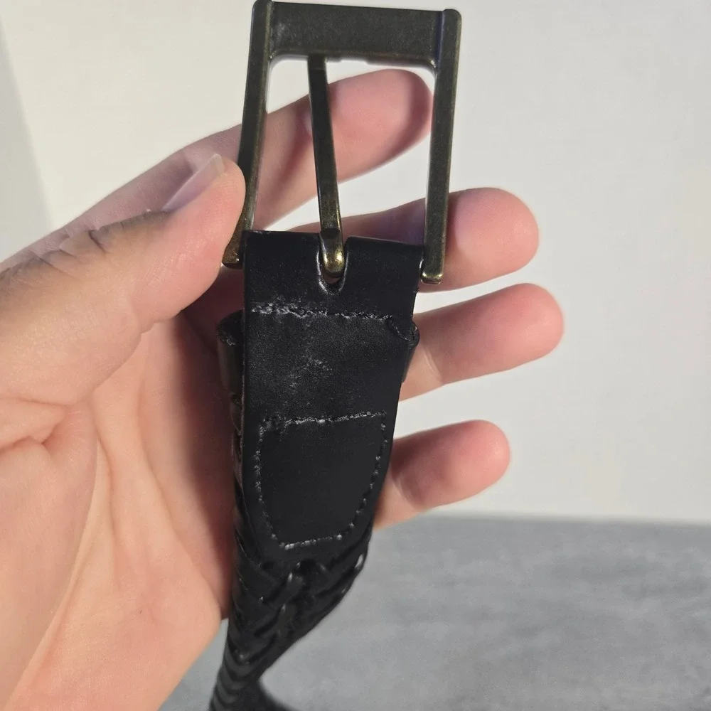 Mens Black Braided Leather Belt XL 42-44 Woven Dress Casual Brass Buckle
